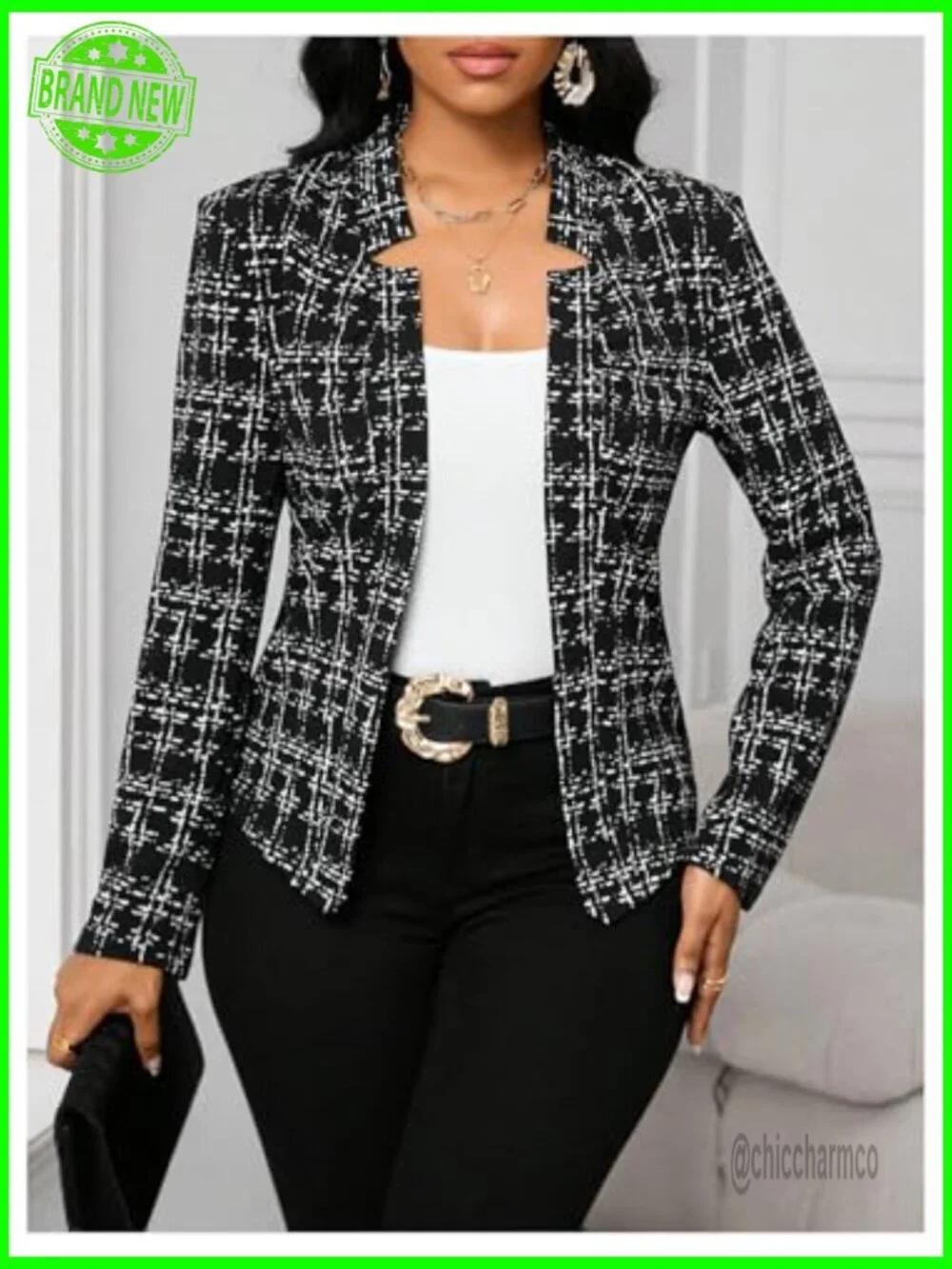 Elegant Tweed Blazer Open Front Long Sleeve Work Suit Jacket
